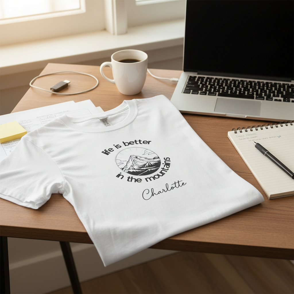 Charlotte — White tee, home desk with laptop