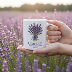 White ceramic mug with lavender bouquet graphic and name Charlotte