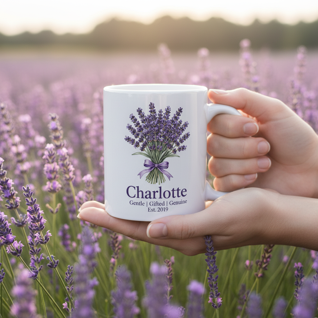 White ceramic mug with lavender bouquet graphic and name Charlotte