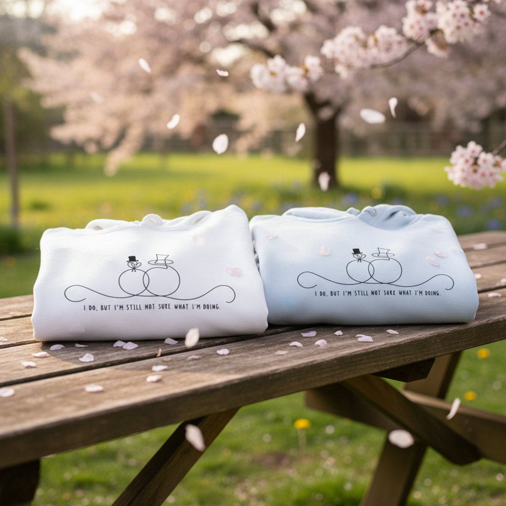Pair of folded unisex hoodies on a bench; white and light blue with wedding rings line art.