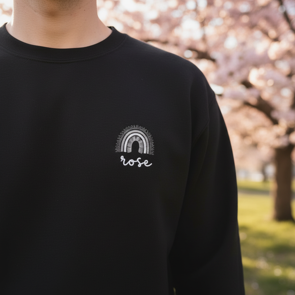 Black custom name sweatshirt with embroidered rainbow arch logo: rose