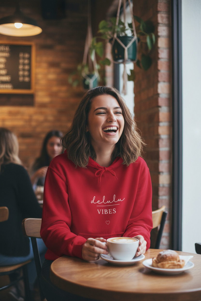 Cherry red hoodie with hood, kangaroo pocket, and “delulu VIBES” front print