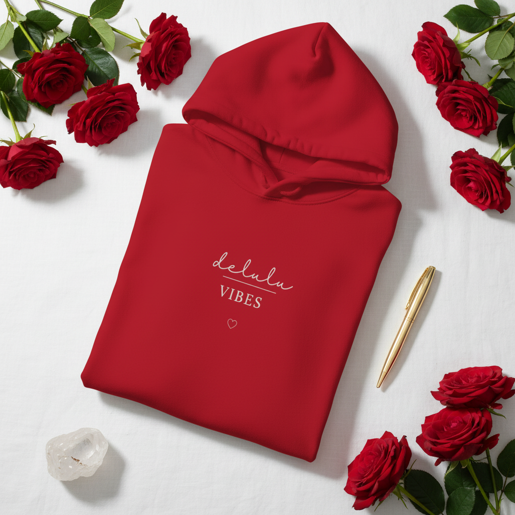 Cherry red hoodie with hood and “delulu VIBES” logo print on the chest