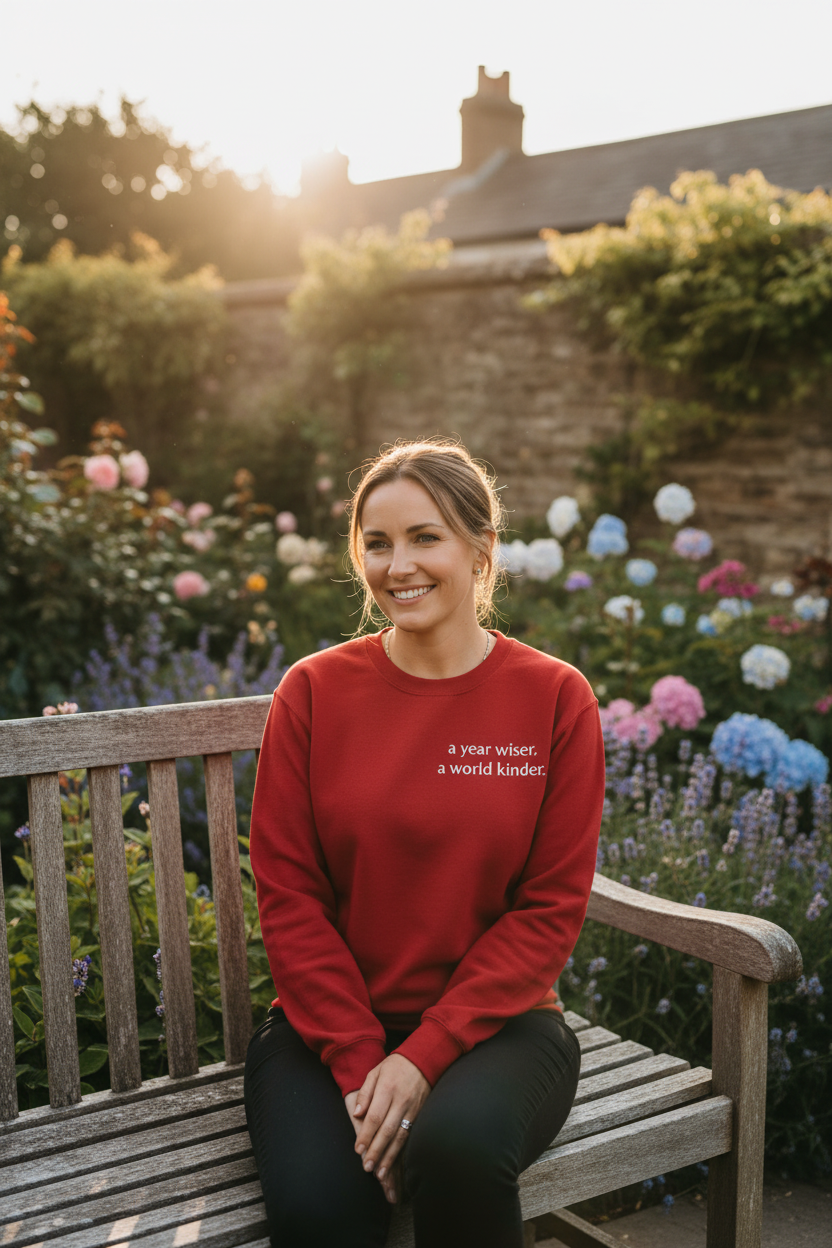 Red sweatshirt with “a year wiser, a world kinder.” front text worn by a smiling woman.