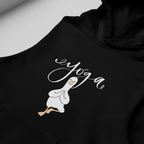 Black yoga duck pose hoodie close-up with white script and duck graphic