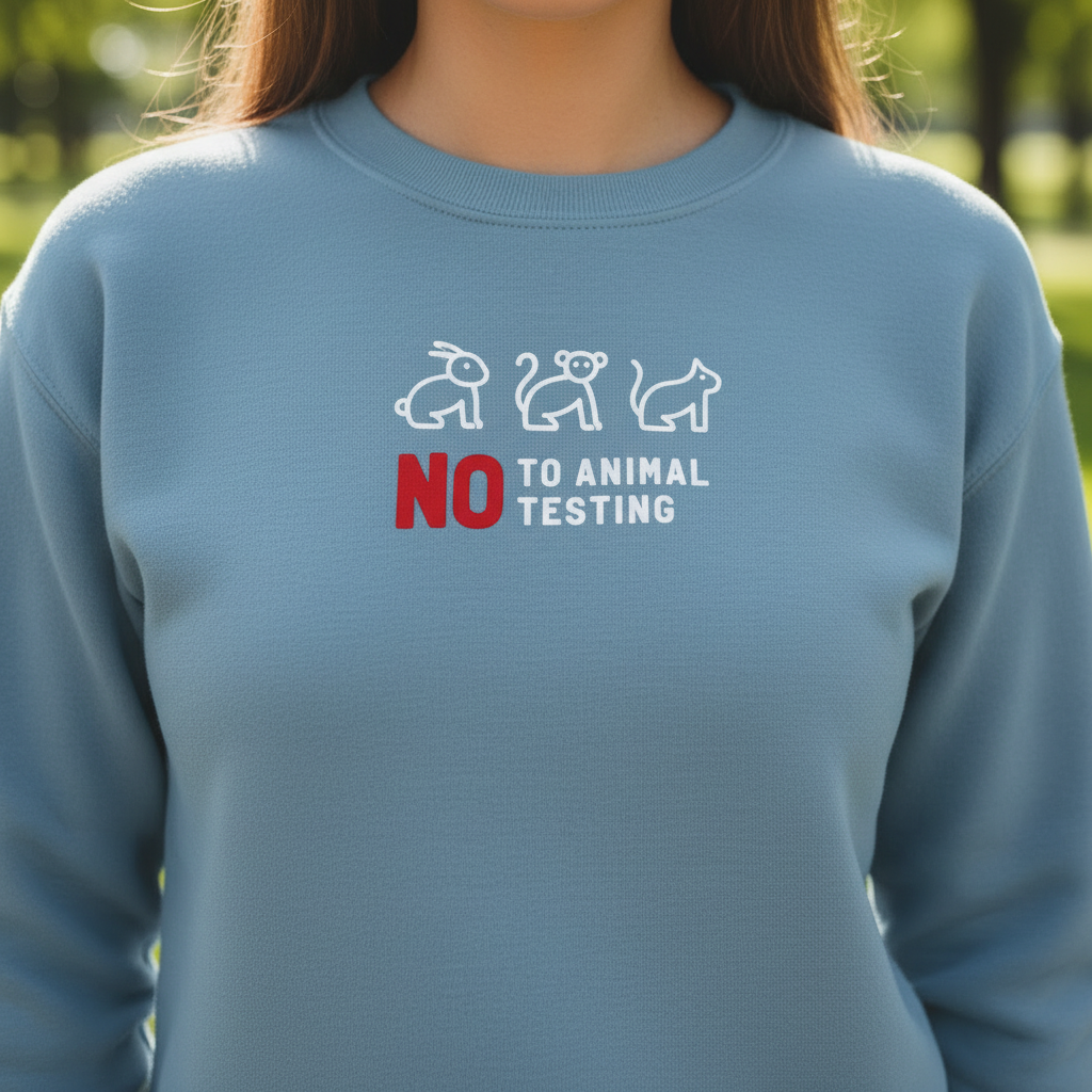 Light blue crew-neck sweatshirt with 'NO TO ANIMAL TESTING' chest print