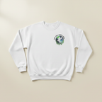 White crewneck sweatshirt with small dove nature emblem on upper back, long sleeves
