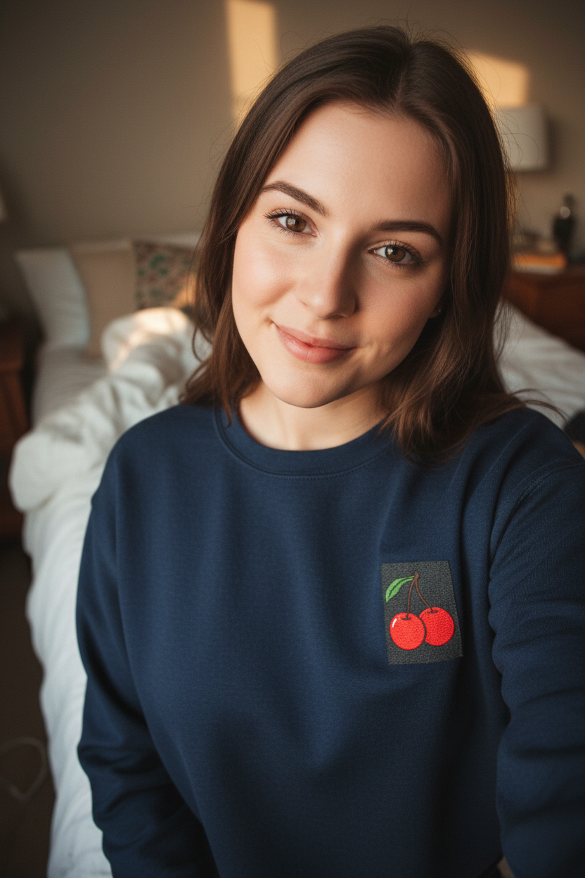 Navy cherry patch sweatshirt, crew neck with ribbed cuffs and hem