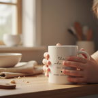 Child hands holding family name mug