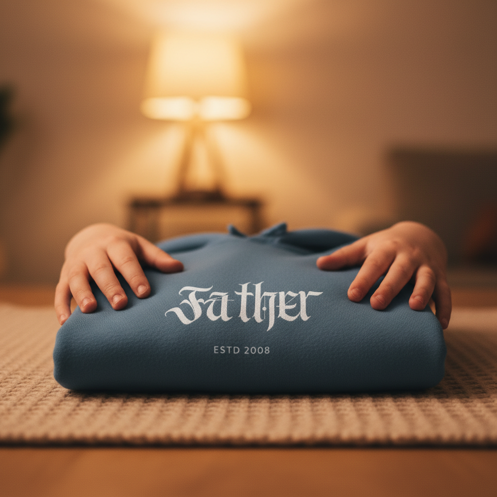Light blue hoodie folded, 'Father' logo and 'ESTD 2008' text