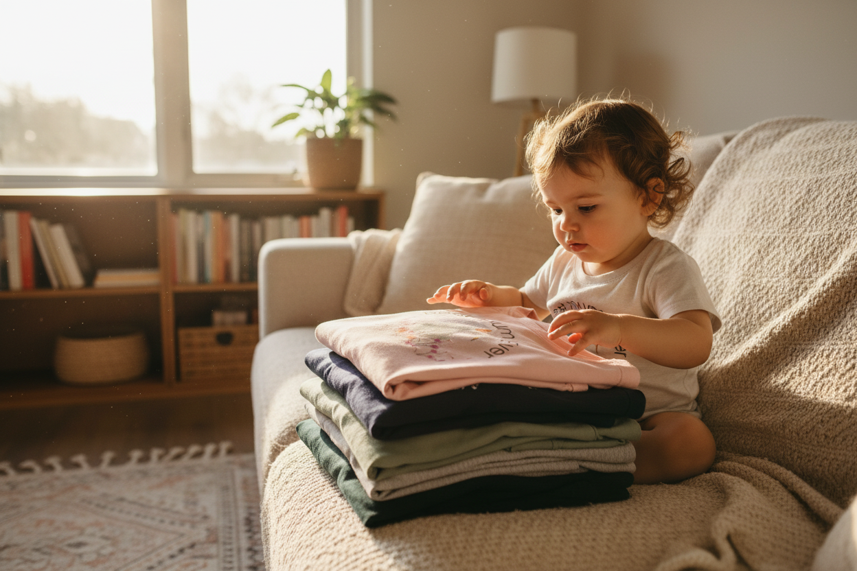 Child sitting next to stack of adult t-shirts