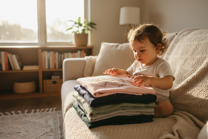 Child sitting next to stack of adult t-shirts