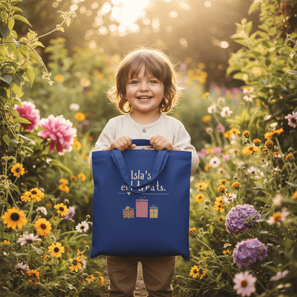Blue cotton tote bag with “Isla’s eid treats” text and gift graphic