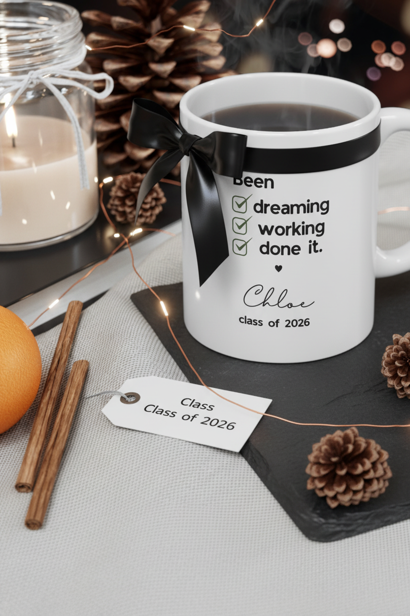 Chloe — graduation mug dark editorial mockup