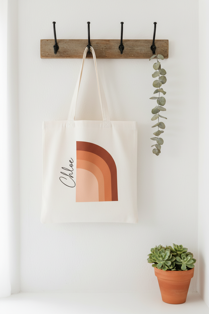White cotton tote bag hanging, front shows terracotta abstract arch print and black signature