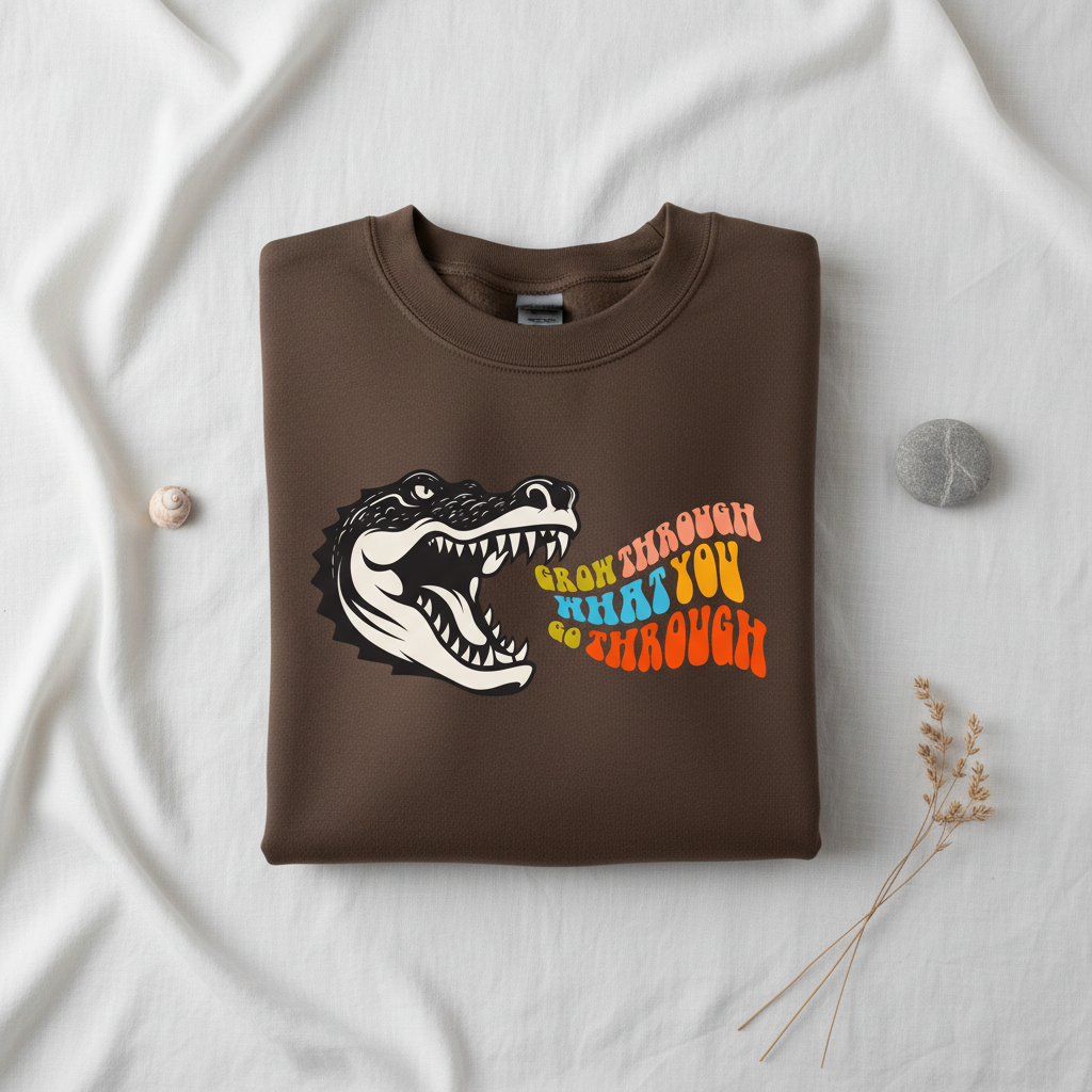 Brown sweatshirt with crocodile graphic and orange multicolor “grow through” text
