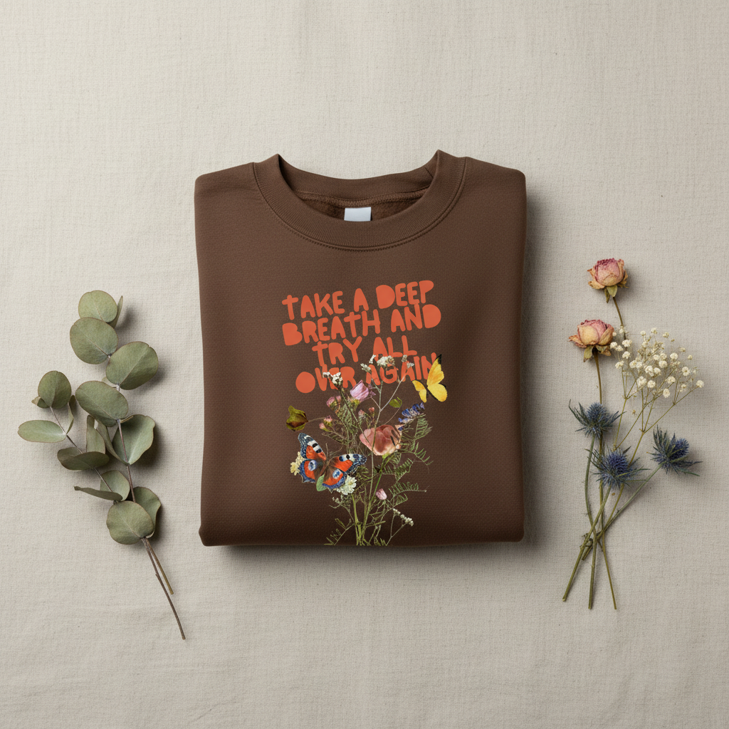 Dark brown crewneck sweatshirt with colorful “Take a Deep Breath” floral graphic on front.
