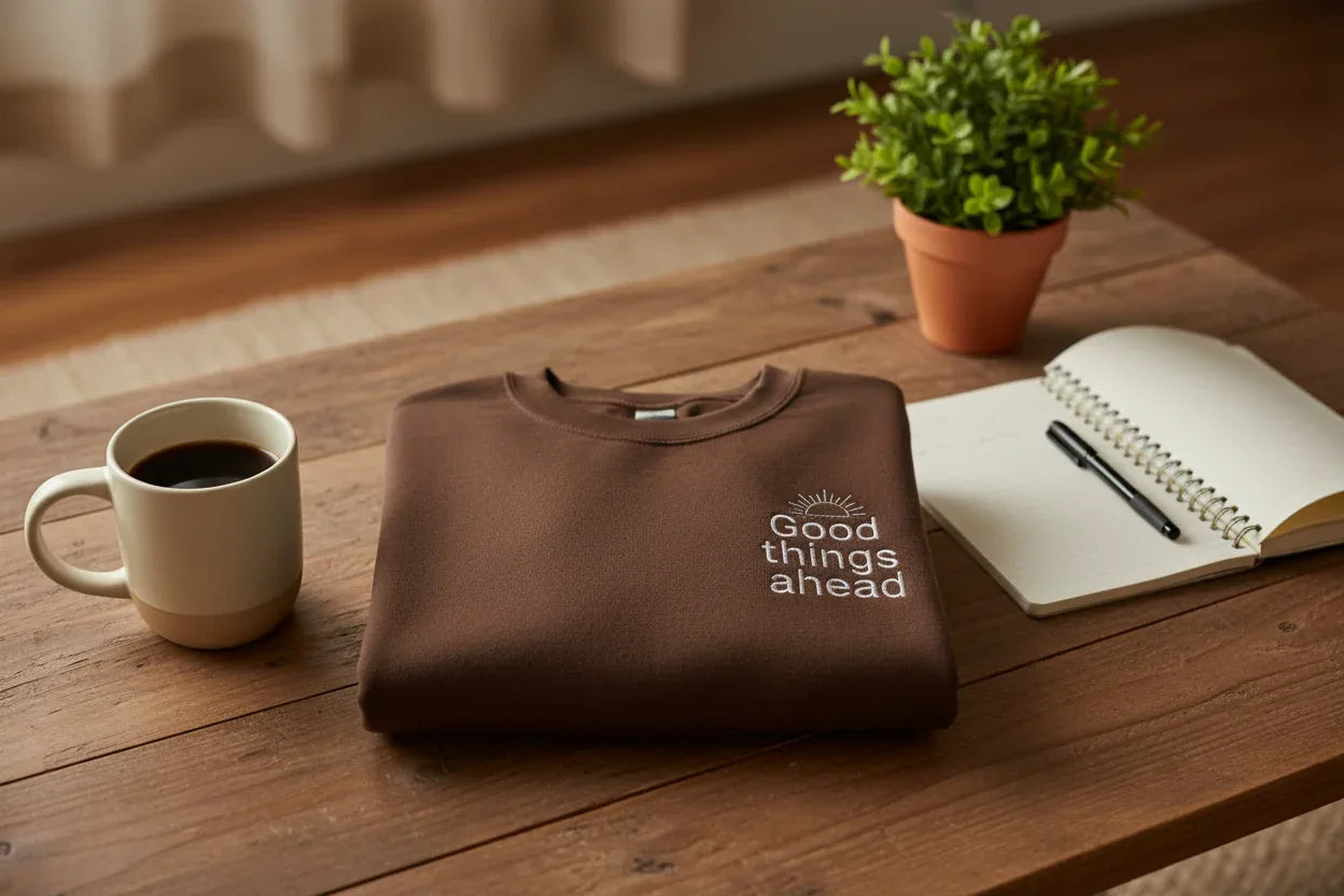 Folded brown crewneck sweatshirt with small chest logo