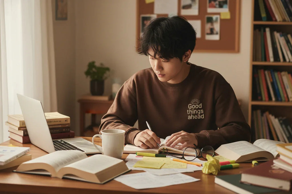 Brown crewneck sweatshirt worn by a person with a small chest logo