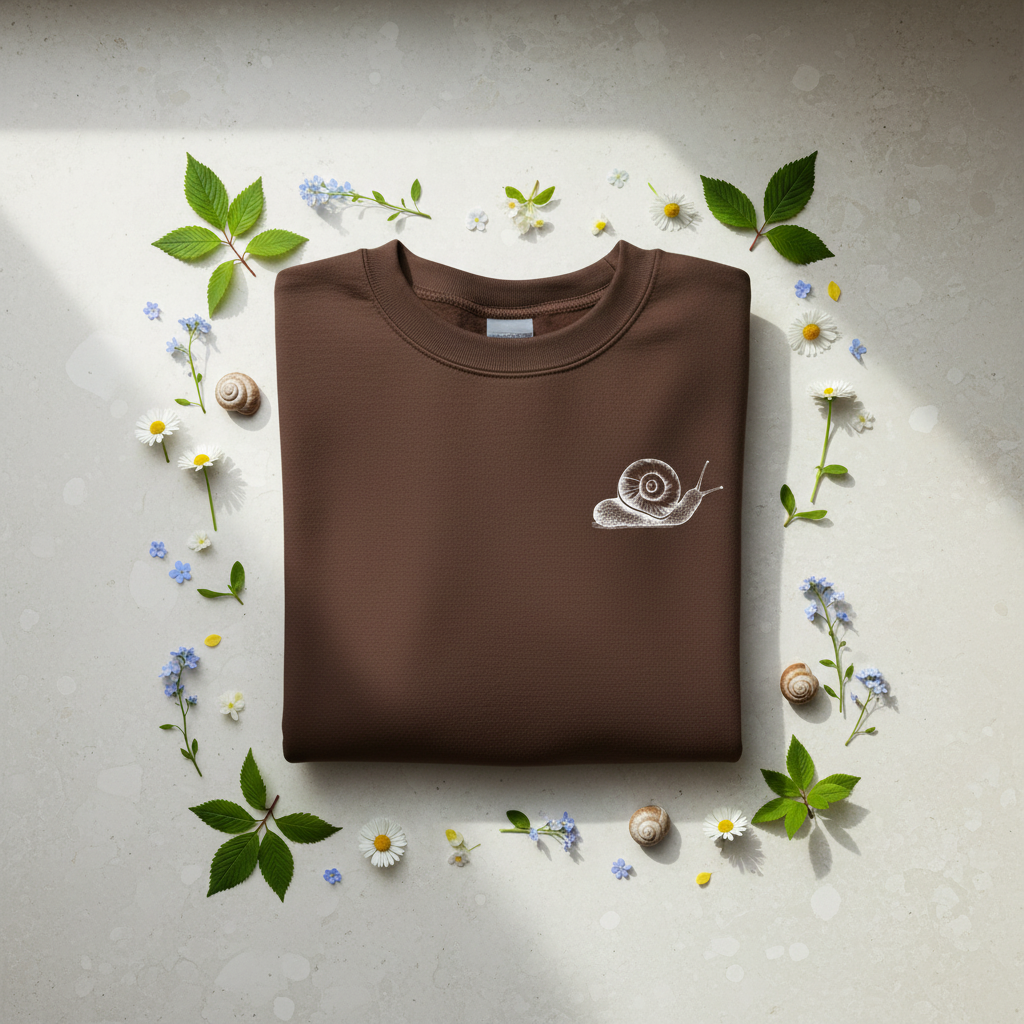 Brown crewneck sweatshirt with white snail graphic on the front