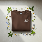 Brown crewneck sweatshirt with white snail graphic on the front