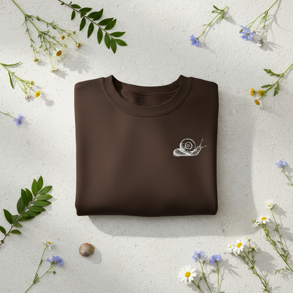 Brown crewneck sweatshirt with white snail graphic on the chest