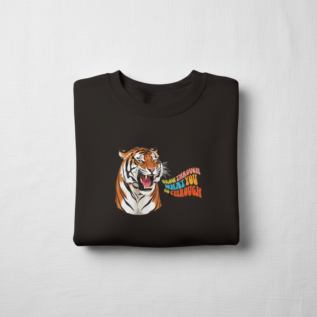 Black crewneck sweatshirt with tiger head graphic and orange text on the front, flat lay