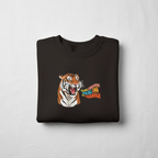 Black crewneck sweatshirt with tiger head graphic and orange text on the front, flat lay