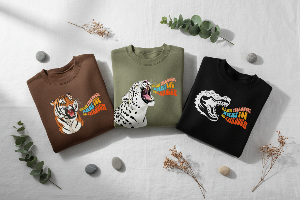 3-pack sweatshirts: brown tiger, olive leopard, black crocodile designs.