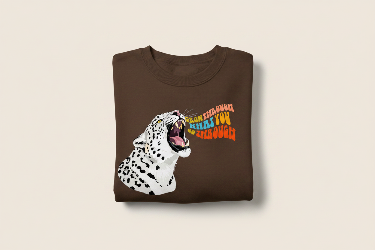 Brown sweatshirt with leopard graphic featuring an animal face.