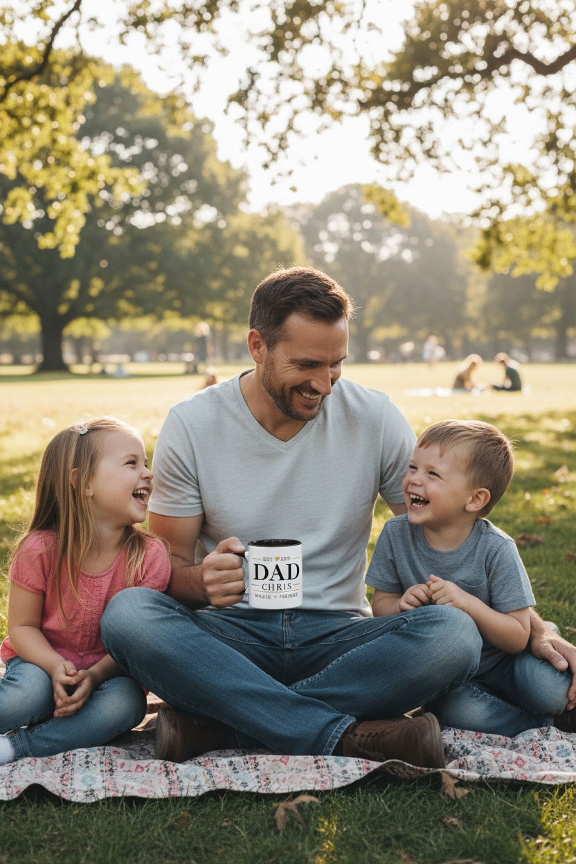 Two-tone dad coffee mug with black rim and handle; “DAD” and “CHRIS” personalization.