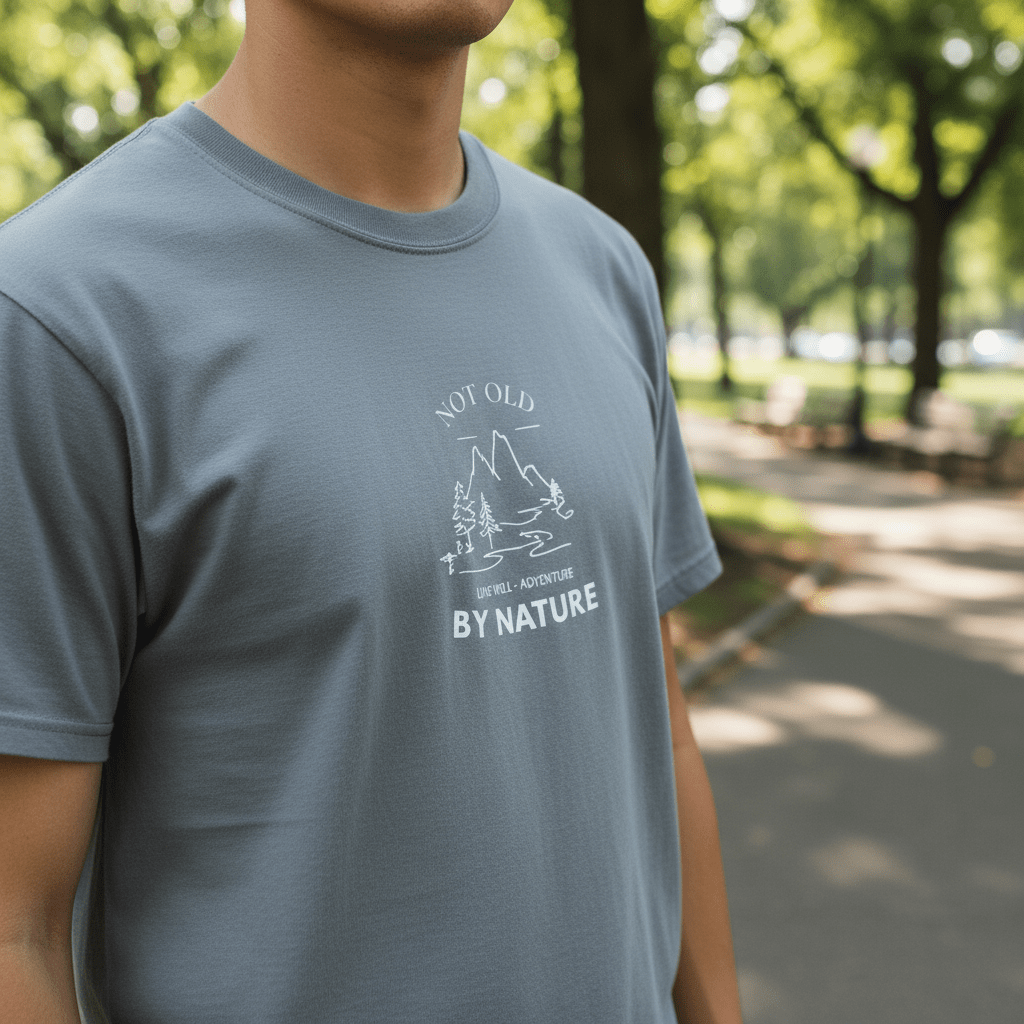 Blue T-shirt with small white mountain and tree graphic and 'BY NATURE' text