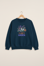 Navy crewneck sweatshirt with floral “Claire's Garden” name print on front