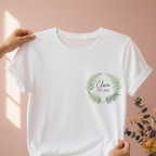 White T-shirt with green fern wreath chest print, 'Clara' EST. 2025