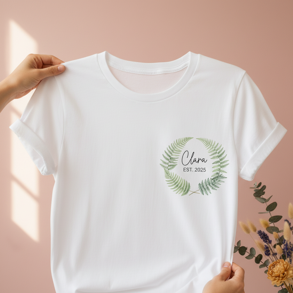 White T-shirt with green fern wreath chest print, 'Clara' EST. 2025