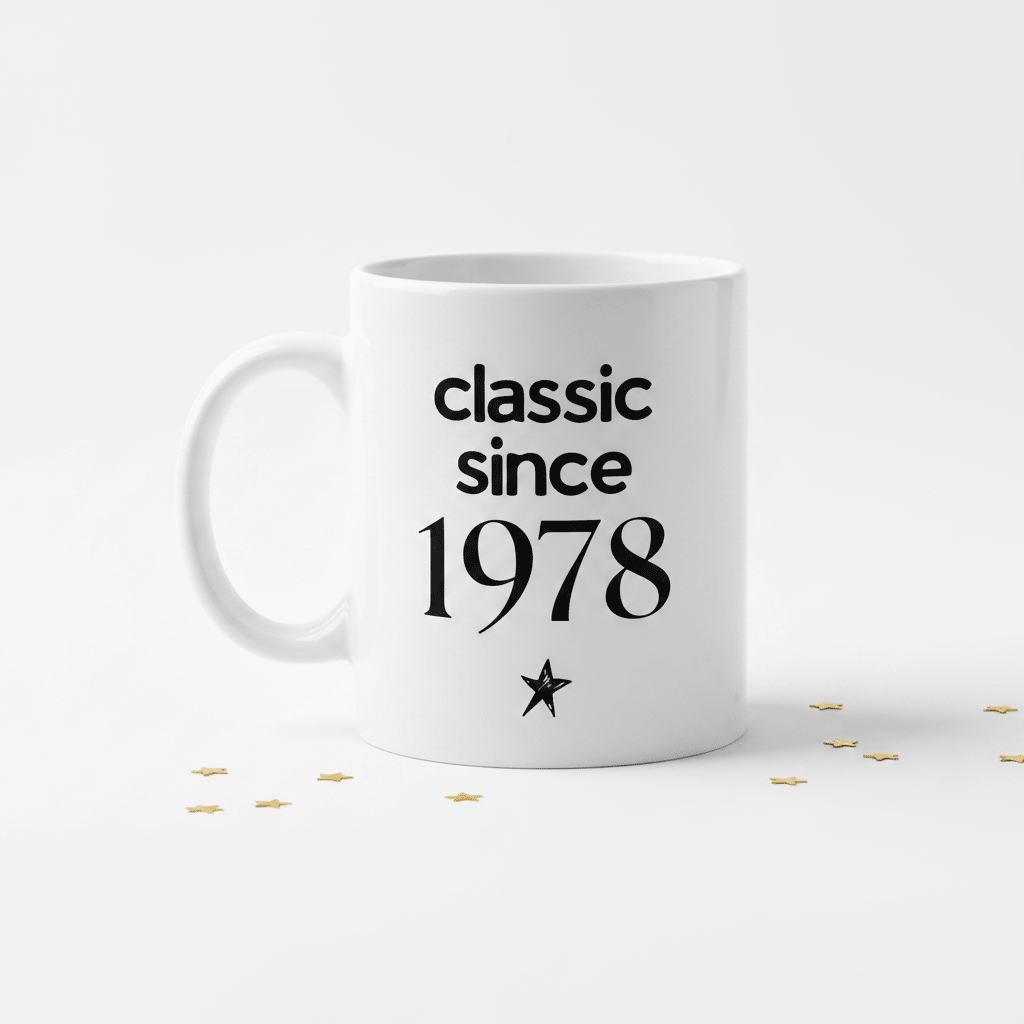 Ceramic coffee mug with “classic since 1978” text and star on white