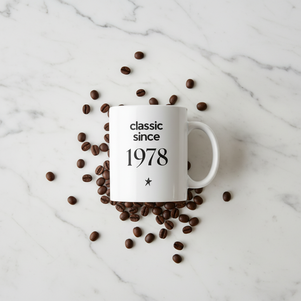White ceramic coffee mug with 'classic since 1978' text above scattered coffee beans