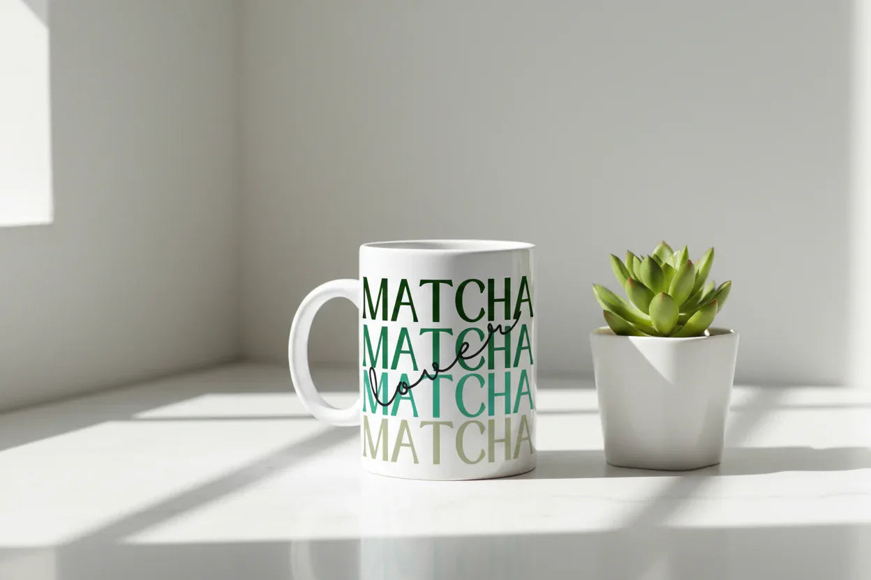 White ceramic matcha mug with green MATCHA design, next to white planter