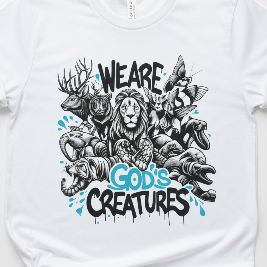 White unisex T-shirt close-up of “We Are God’s Creatures” animal graphic print.