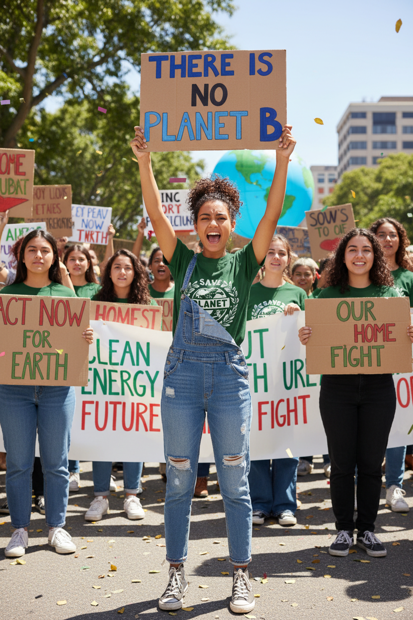 Green T-shirt with white 'Save the Planet' circular logo on front