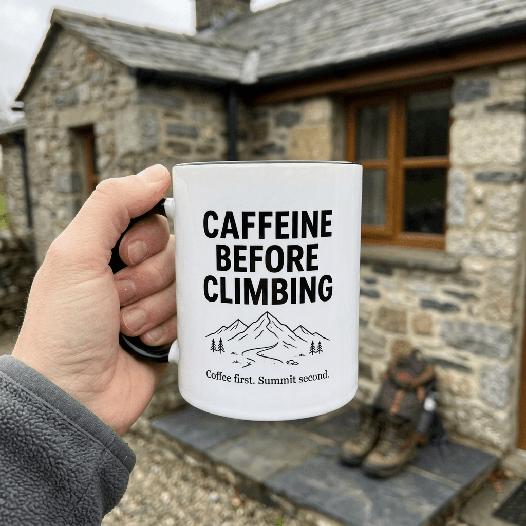 Climbing mug held outside a British stone cottage