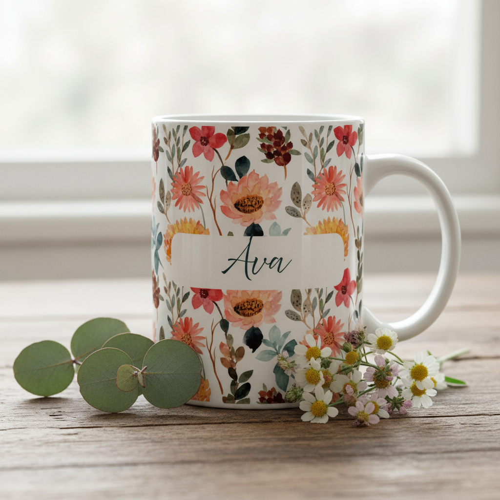 Close-up Ava mug with eucalyptus and flowers