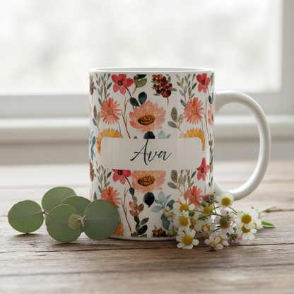 Close-up Ava mug with eucalyptus and flowers