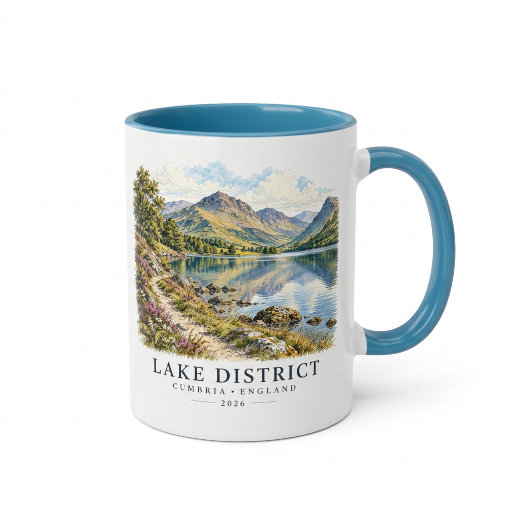 Close-up blue Lake District mug on a plain white background
