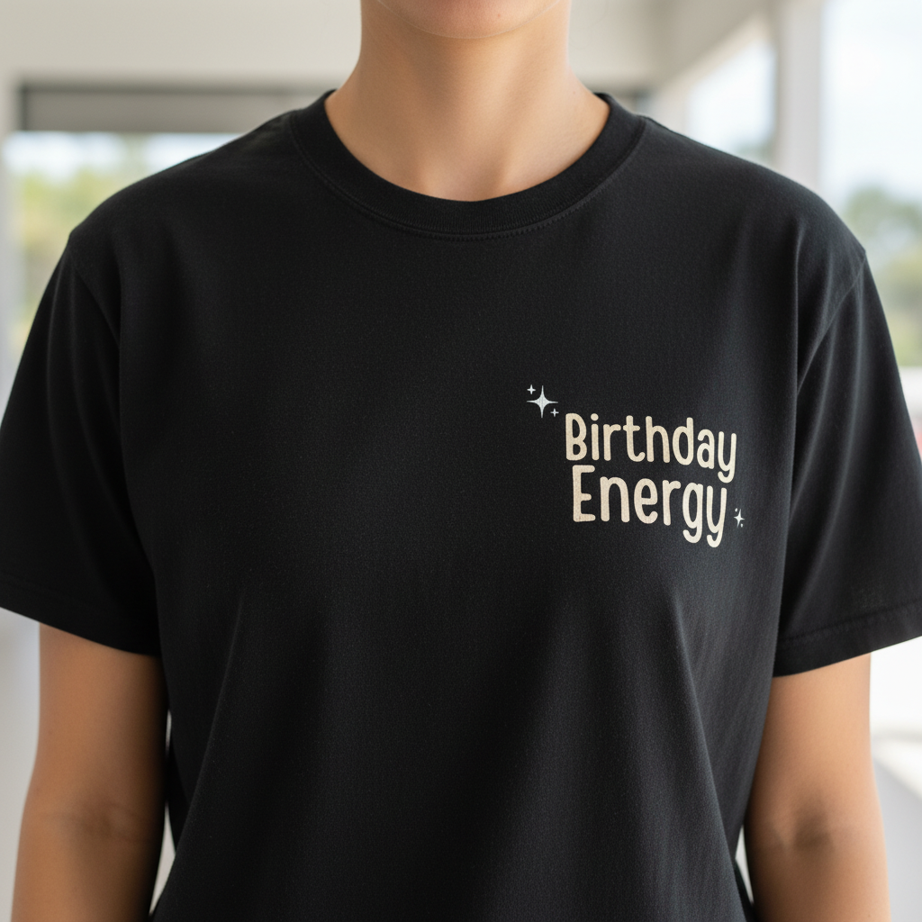 Black crewneck T-shirt with "Birthday Energy" text graphic and sparkle icons