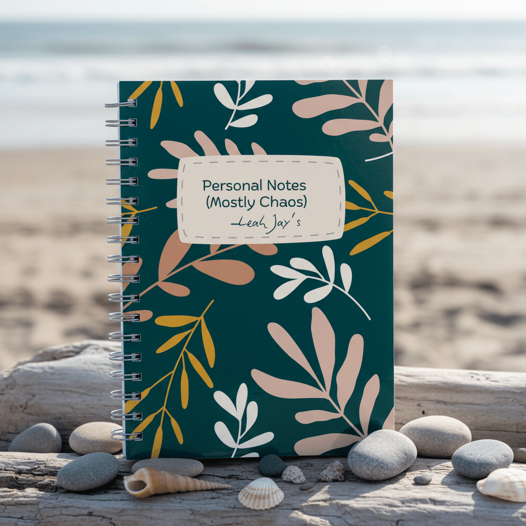 Teal A5 spiral notebook with botanical leaf pattern and beige name label on stones