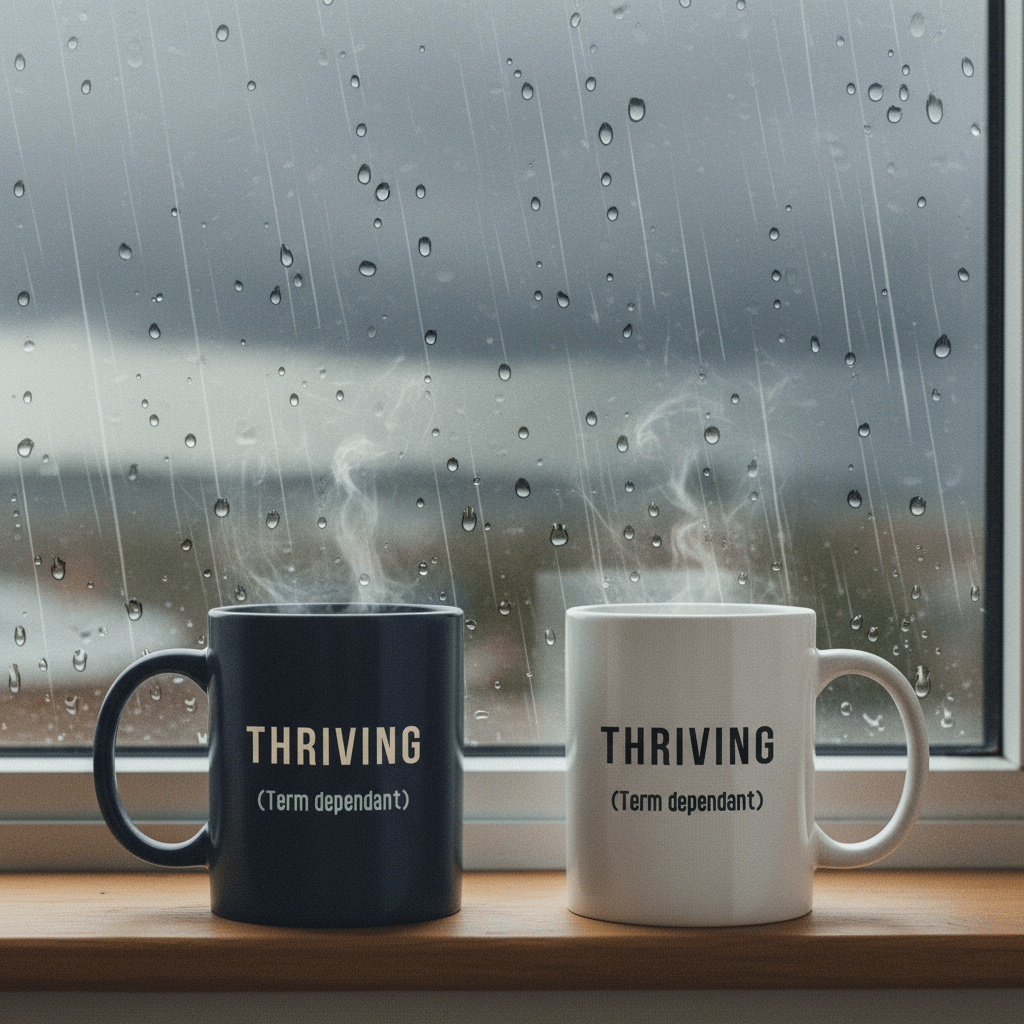 Two ceramic mugs, dark and white, printed with “THRIVING (Term dependant)”.