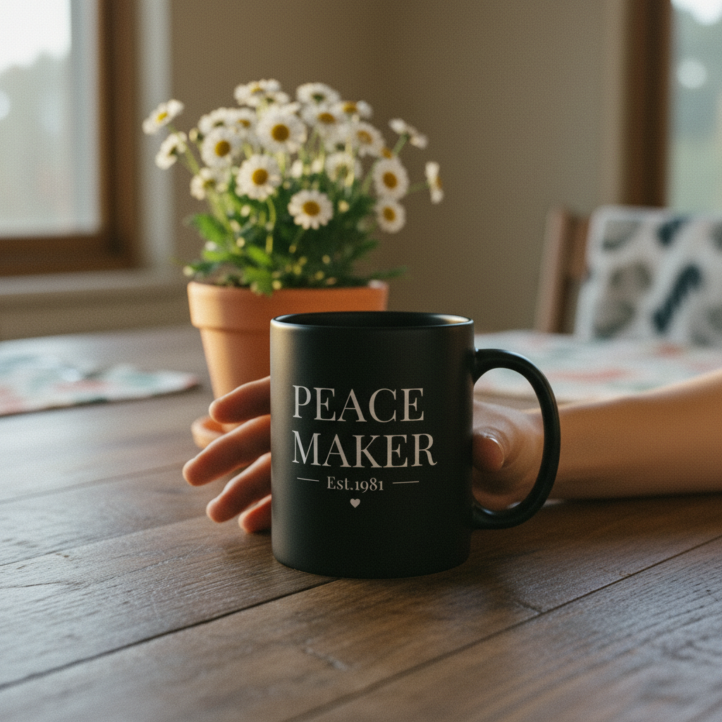 Close-up grainy shot of PEACE MAKER mug at breakfast