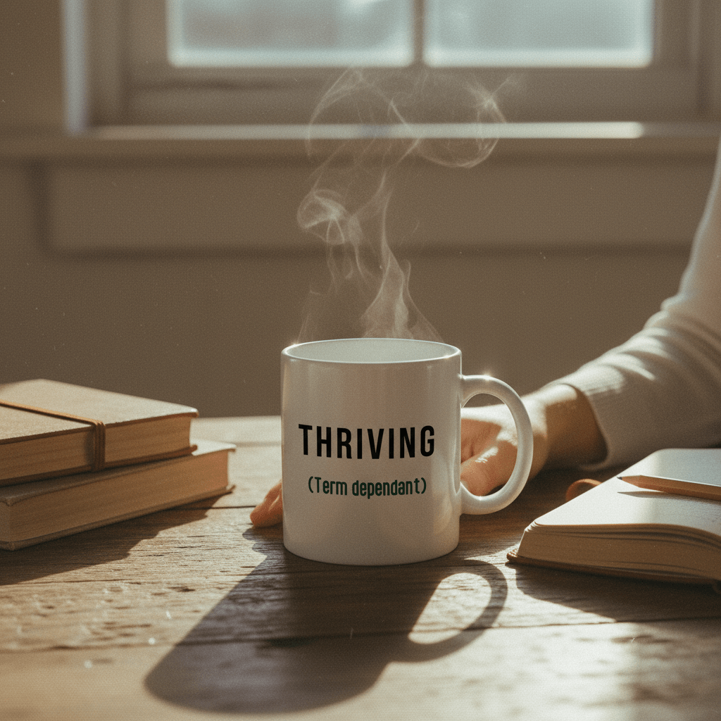 White ceramic mug with “THRIVING (Term dependant)” and visible steam from the cup.