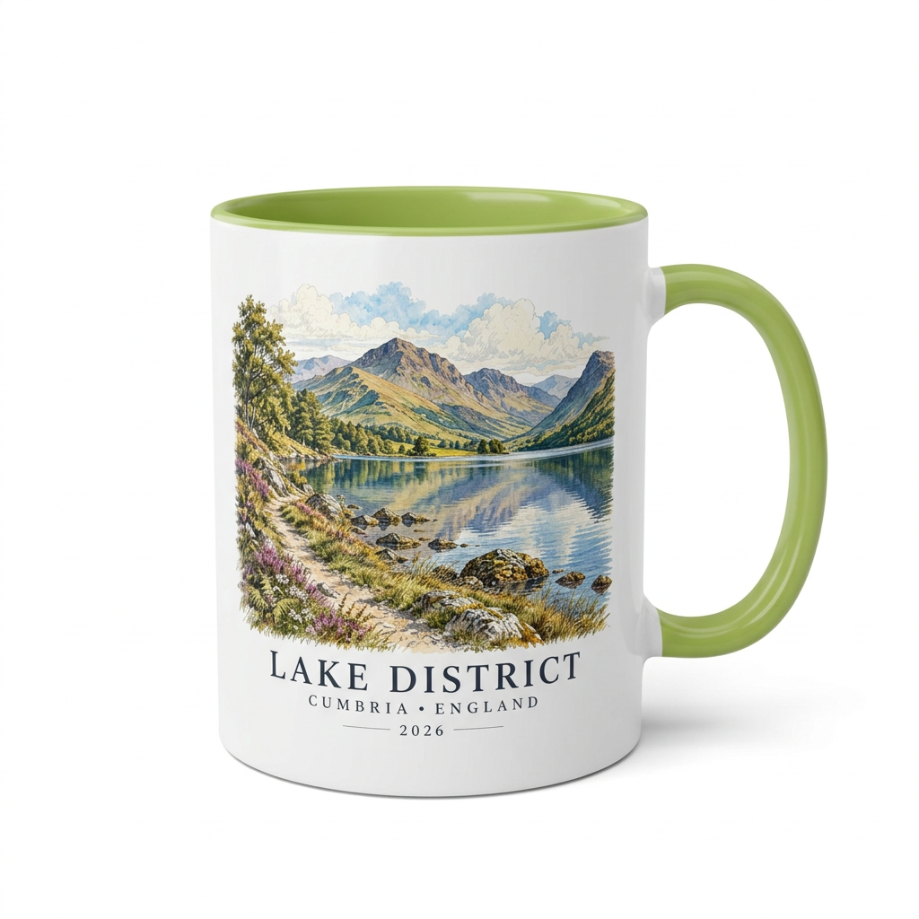 Close-up green Lake District mug on a plain white background